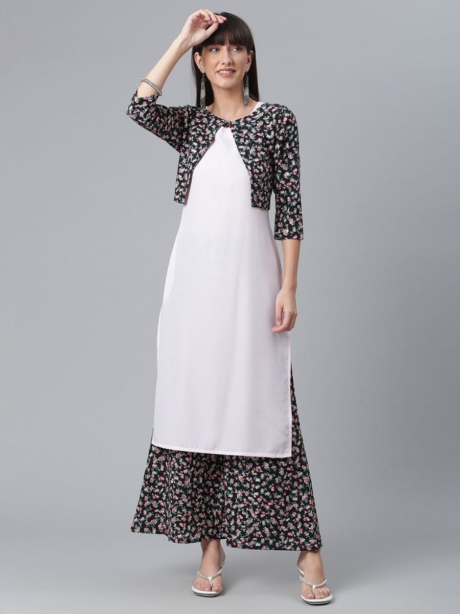 Ahalyaa Light Pink Crepe Solid Kurta And Palazzo Set With Jacket | Grocsy