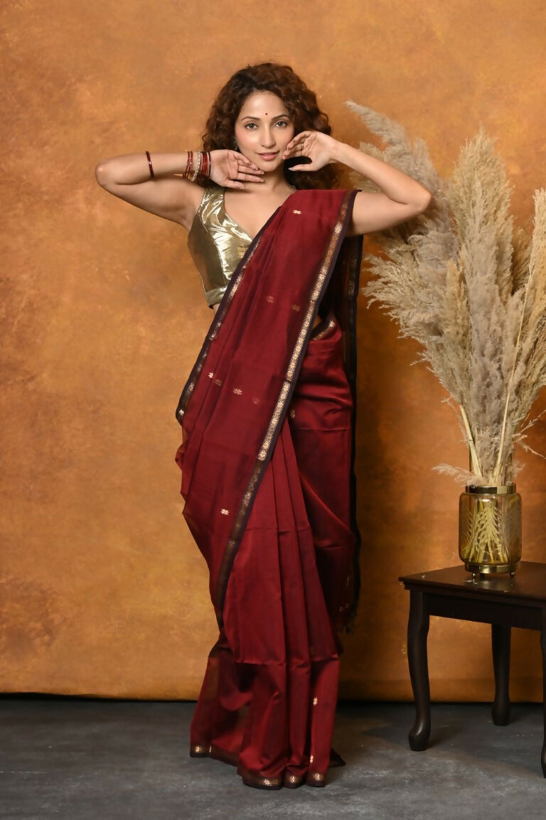 Very Much Indian Handloom Pure Cotton Silk Saree With Sleek Golden Border - Maroon | Grocsy