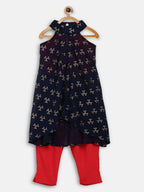 Ahalyaa Navy Printed Chanderi Silk Kids Kurta With Pant For Girls | Grocsy