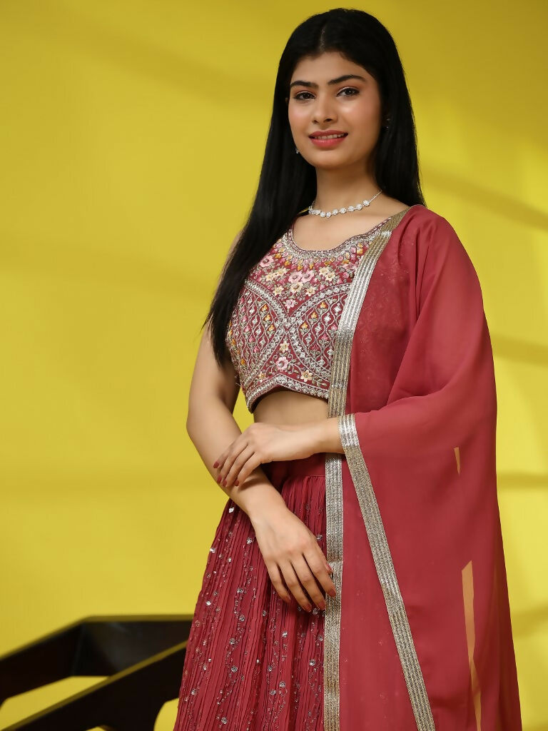 Red Georgette Embroidered Lehenga choli with Dupatta - Dhara | Grocsy