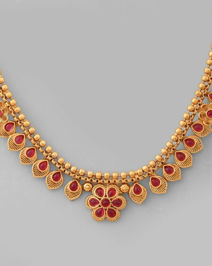 VOJ Gold-Polished Flower Shaped Ruby Stone Studded Jewellery Set | Grocsy