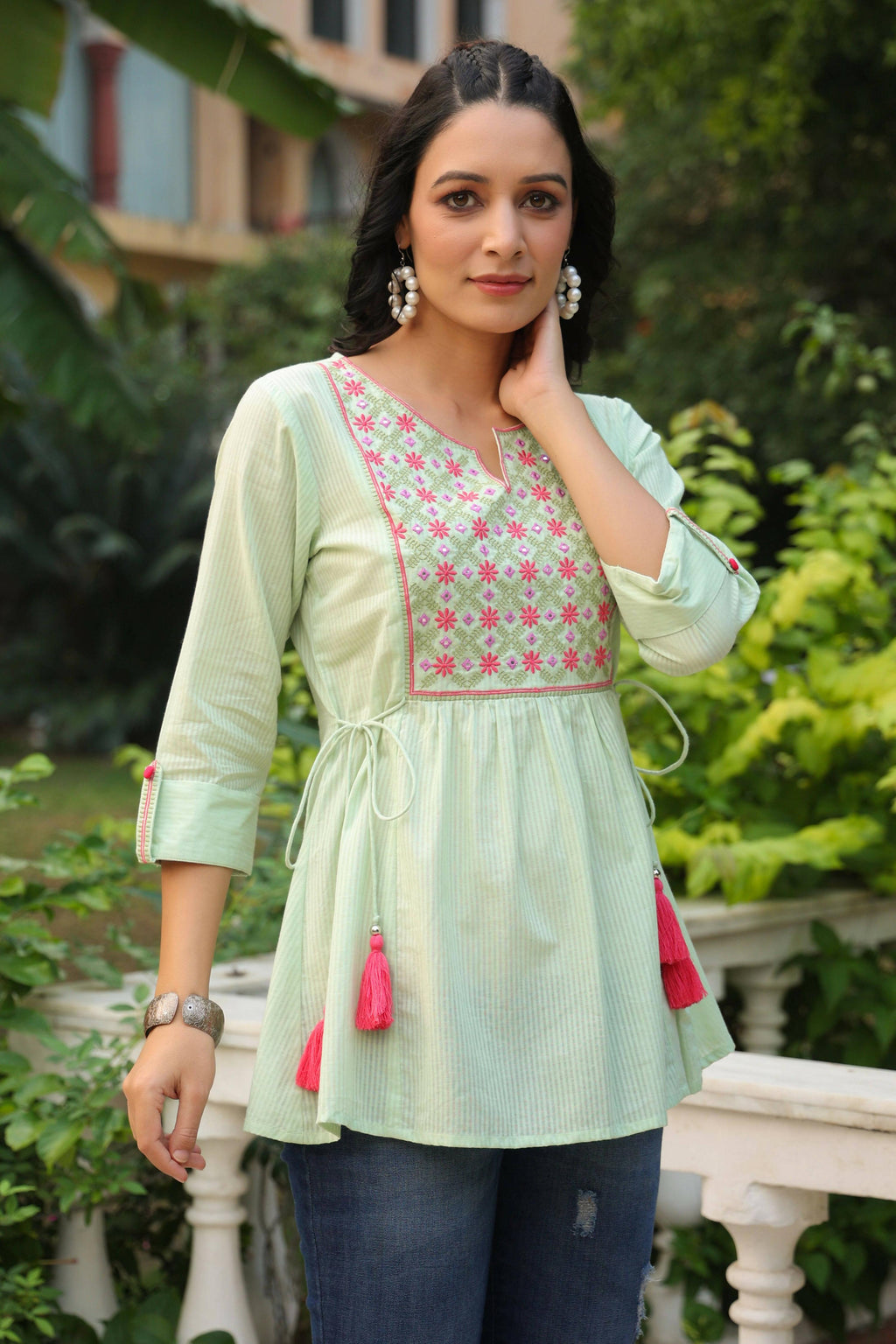 Juniper Women's Green Cotton Dobby Solid Embroidered Straight Tunic | Grocsy