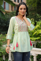 Juniper Women's Green Cotton Dobby Solid Embroidered Straight Tunic | Grocsy