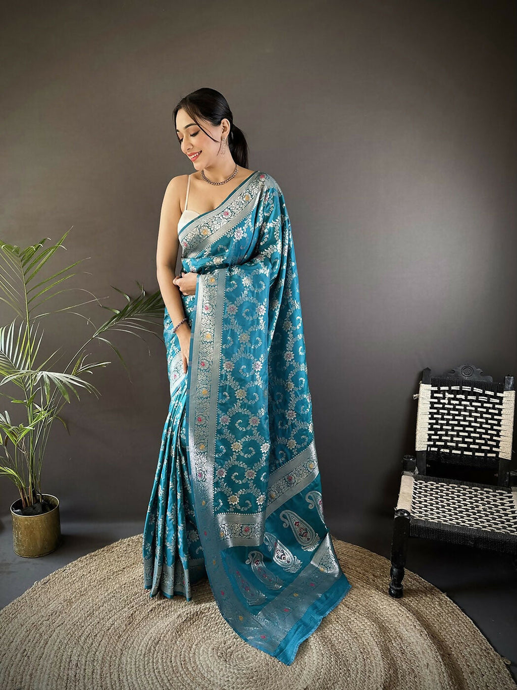 Joban Fashion Turquoise Meenakari Banarasi Silk Sarees | Grocsy