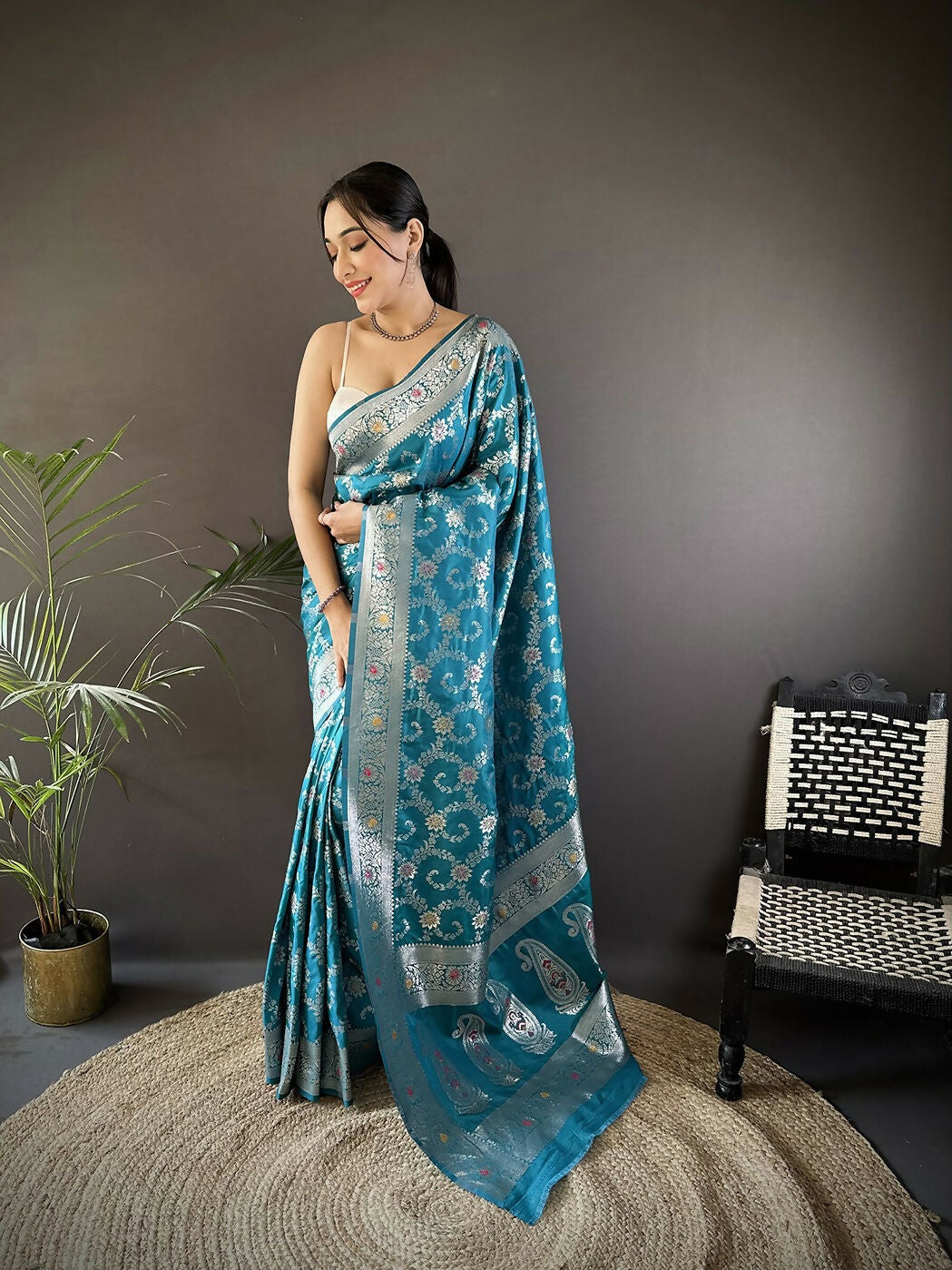 Joban Fashion Turquoise Meenakari Banarasi Silk Sarees | Grocsy