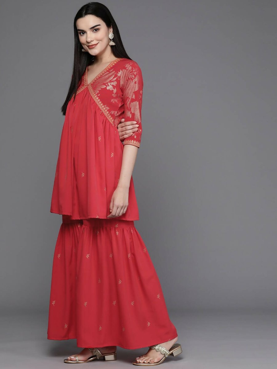 Ahalyaa Women Floral Printed Tunic with Palazzos - Red Color | Grocsy