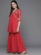 Ahalyaa Women Floral Printed Tunic with Palazzos - Red Color | Grocsy