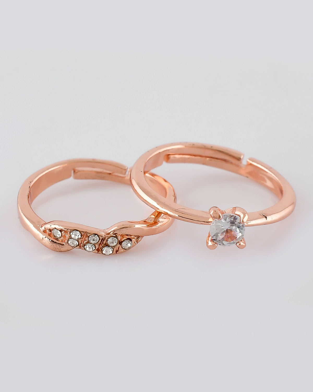 VOJ Stainless Steel Cubic Zirconia Rose Gold-Polished Adjustable Ring Set for Couple | Grocsy