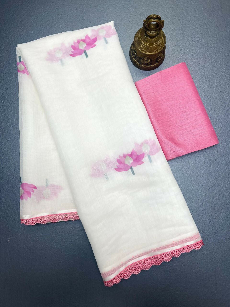 Prime Volt Women's Cream Floral Digital Print Soft Linen Saree With Lace Border & Blouse | Grocsy