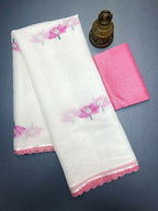 Prime Volt Women's Cream Floral Digital Print Soft Linen Saree With Lace Border & Blouse | Grocsy