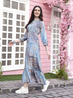 Light Blue Crepe Foil Printed Long Dress - Michan | Grocsy