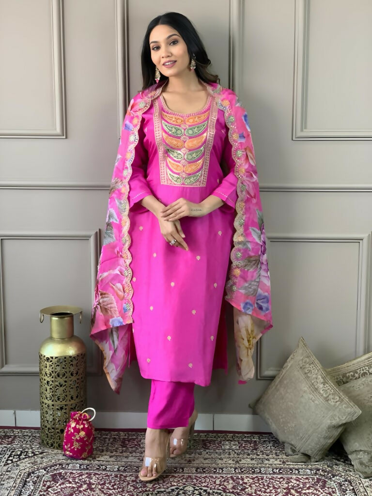Partywear Designer Viscose Chanderi Pink Stitched Suit With Dupatta - Tanisha | Grocsy