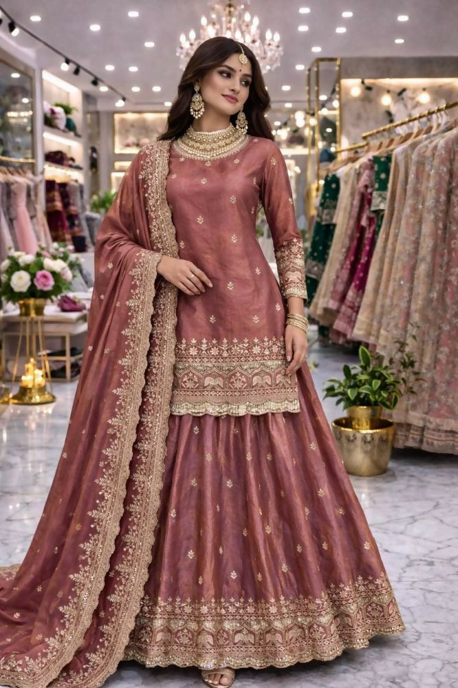 Teeya Creation Onion Color Fendy Satin Heavy Embroidery Work Wedding Wear Stitched Lehenga Choli | Grocsy