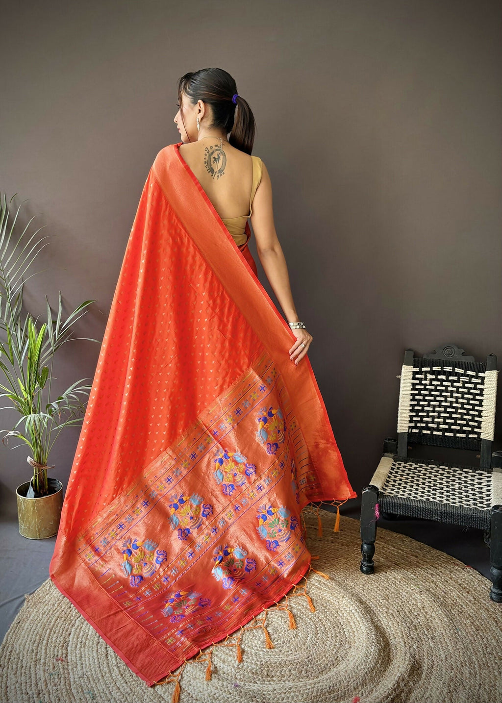 Joban Fashion Orange Jacquard Butti Soft Lichi Silk Paithani Saree | Grocsy