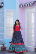 Jyoti Fashion Women's Navy Blue Patola with Foil Print Dola Silk Anarkali Dress | Grocsy