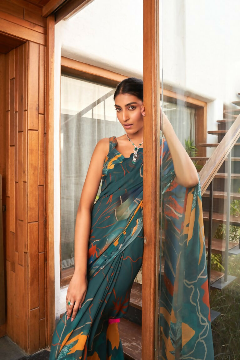 Partywear Designer Rama Bright Moss Fancy Saree - Durga | Grocsy