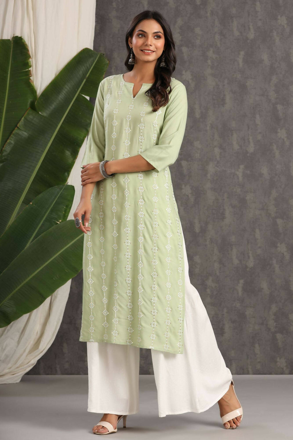 Juniper Women Lightolive Rayon Embroidered Straight Kurta | Grocsy