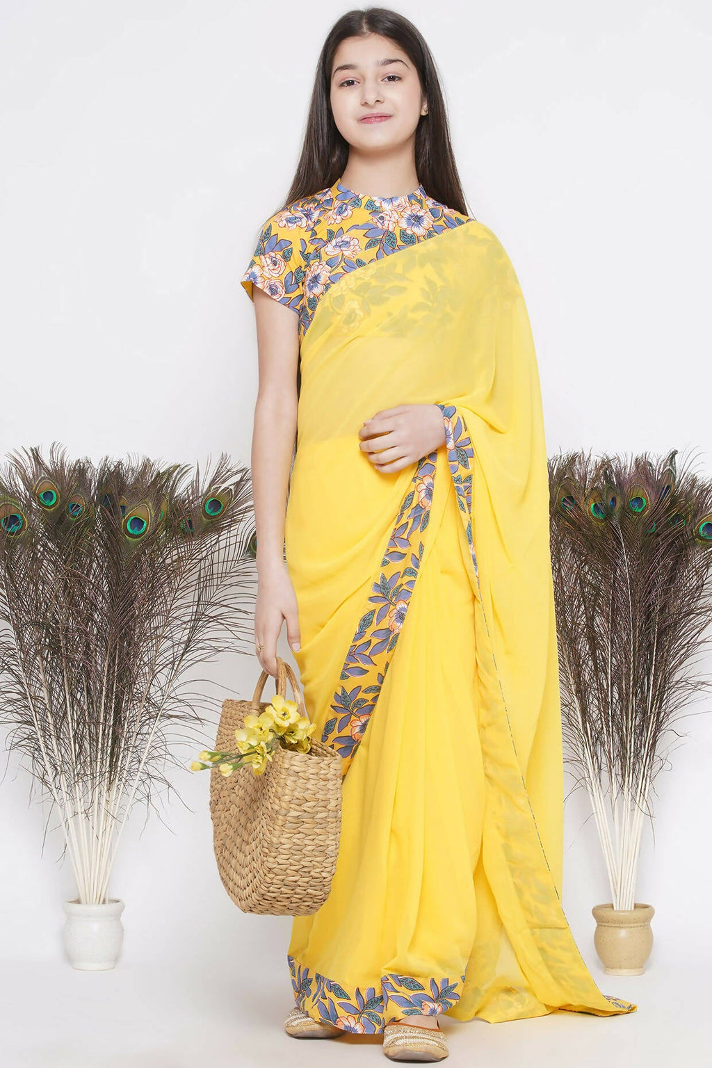 Little Bansi Floral Print Ready To Wear Saree And Floral Blouse - Yellow | Grocsy