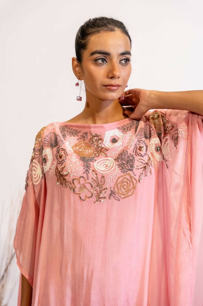 Timaraa Blush Pink Sequined & Beaded Kaftan Dress | Grocsy