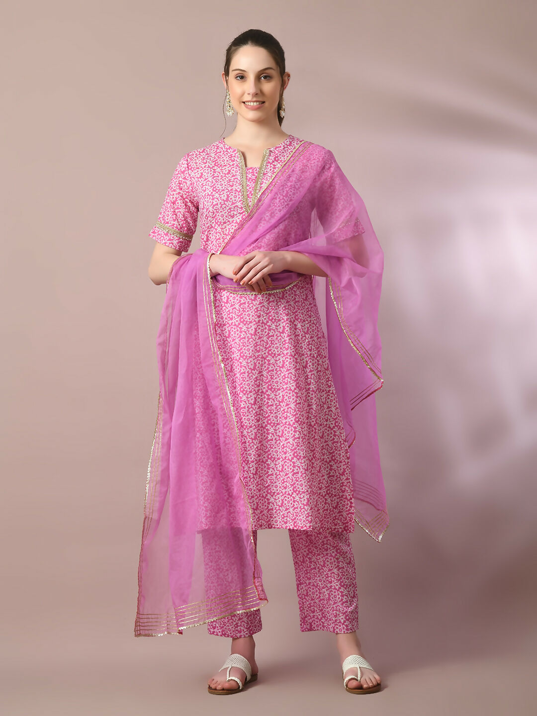Myshka Women's Pink Printed Cotton Straight Party Kurta Set With Dupatta | Grocsy
