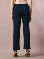 Myshka Women'sNavy Blue Solid Party straight Trousers | Grocsy