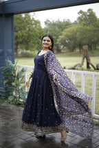 Aayaa Designer Embroidery Zari Sequins-Work Faux Blooming Georgette Suit - Navy Blue | Grocsy