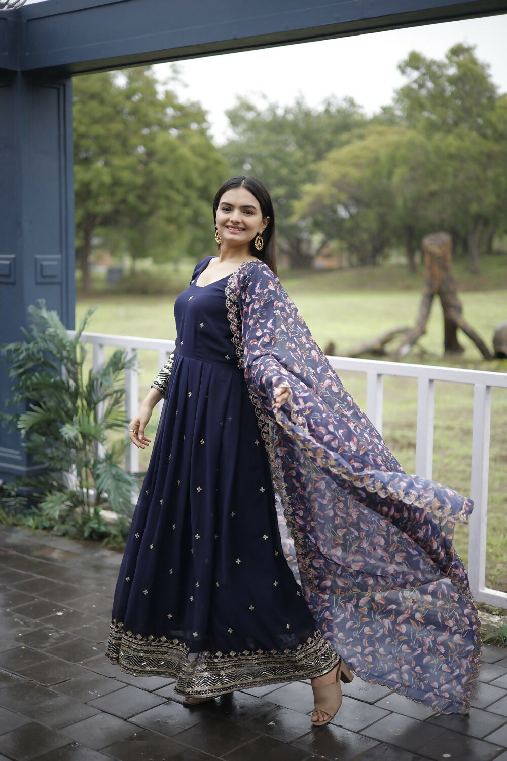 Aayaa Designer Embroidery Zari Sequins-Work Faux Blooming Georgette Suit - Navy Blue | Grocsy