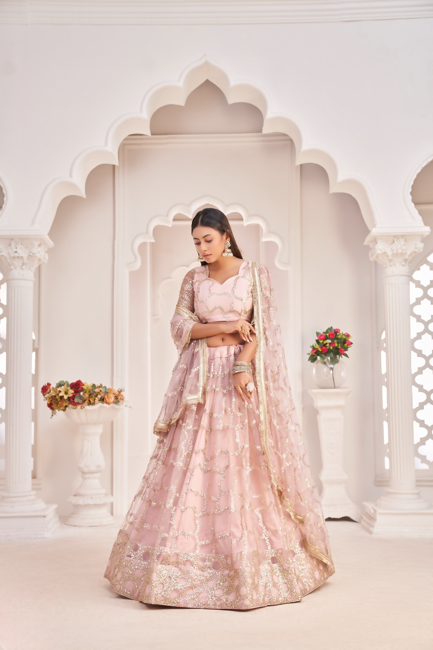 Eilara Women'S Baby Pink Butterfly Net Embroidered Thread Work Party Wear Lehenga Choli | Grocsy