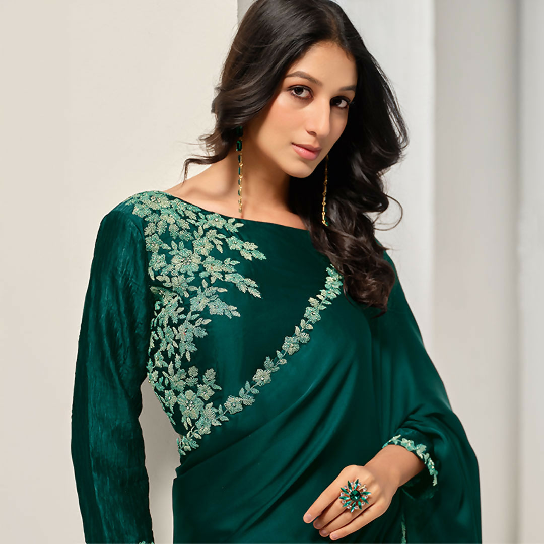 Green Crepe Satin Silk Handwork Saree With Unstitched Blouse - Norita Saanjh | Grocsy