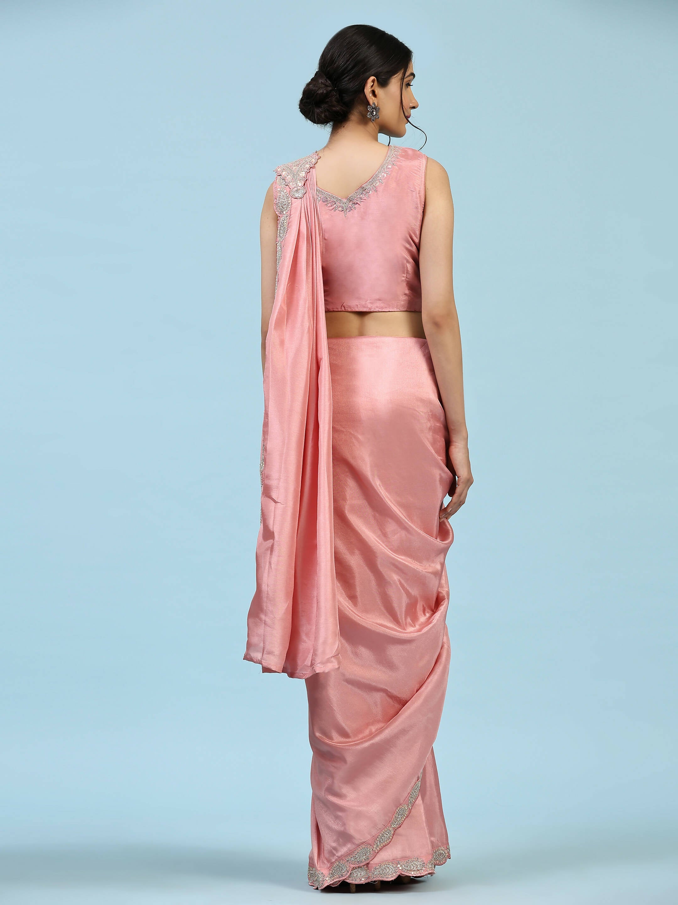 Peach Silk Satin Plain Ready to wear Saree with stitched Blouse - Vrinda | Grocsy