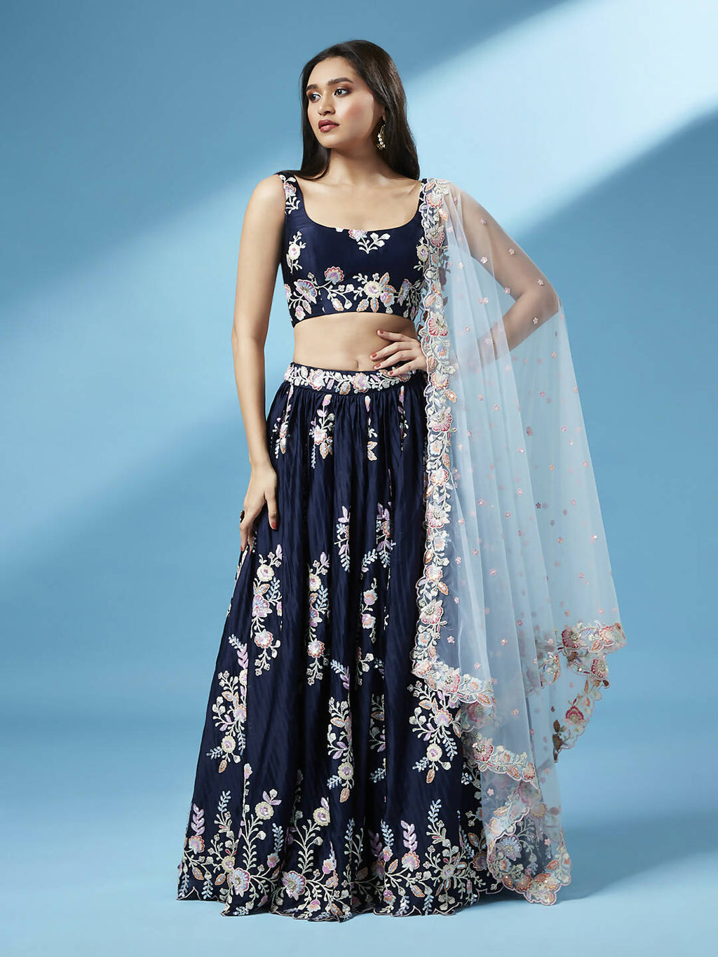 House of Panchhi Navy Blue Pure Georgette Thread & Sequinse Work Lehenga & Blouse, Dupatta | Grocsy