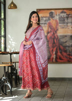 Yufta Women Red Handblock Printed A-Line Kurta & Trouser With Embroidery & Dupatta | Grocsy