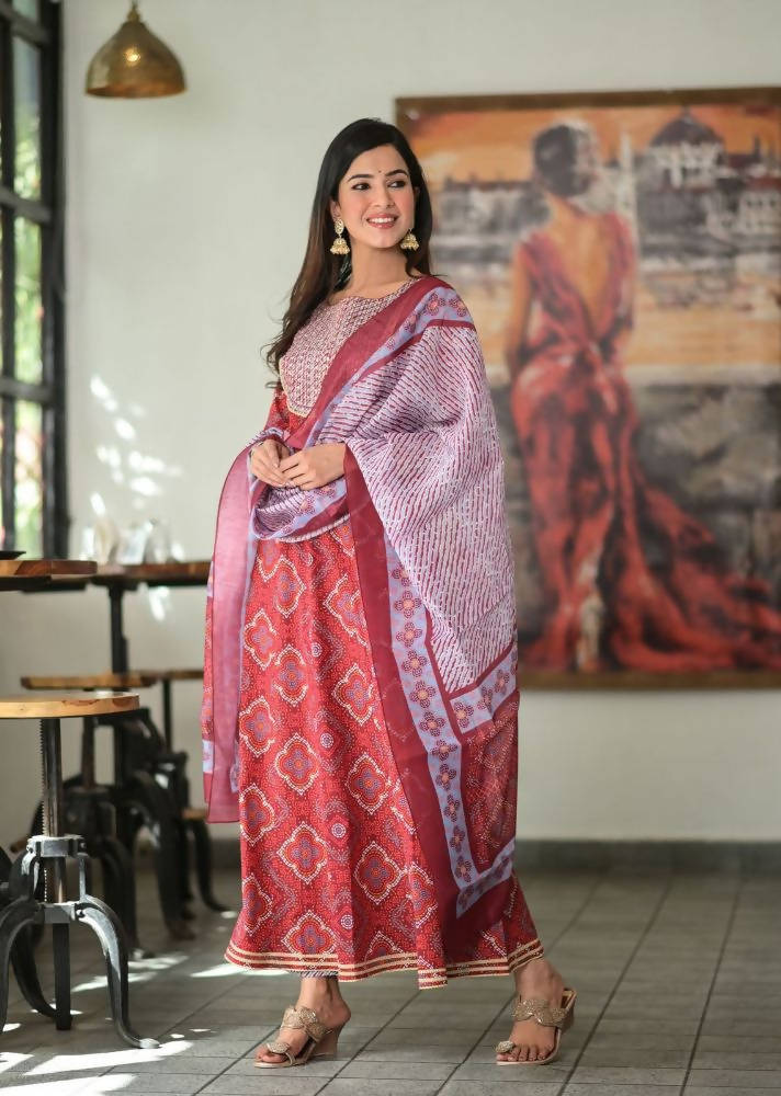 Yufta Women Red Handblock Printed A-Line Kurta & Trouser With Embroidery & Dupatta | Grocsy