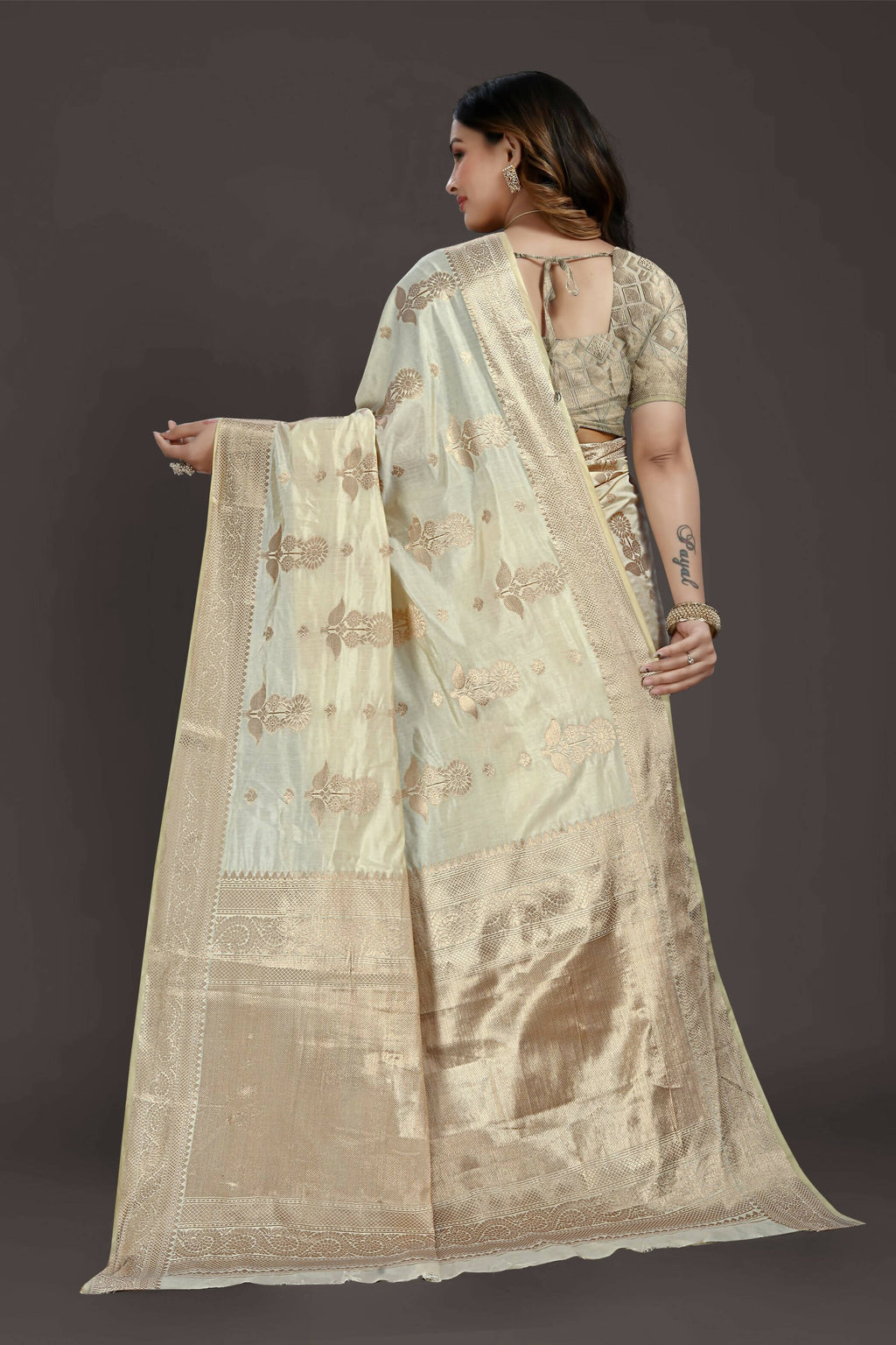 Off White Pure Raw Silk Zari Woven Saree with Unstitched Blouse Piece - Alisha | Grocsy