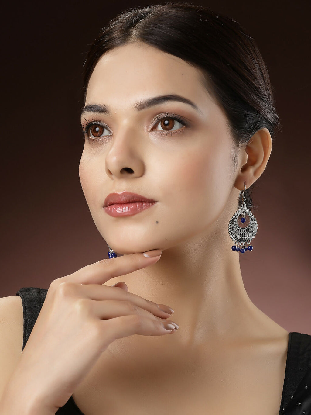 NVR Women's Silver-Plated Artificial Beads German Silver Oxidised Chandbali Earrings