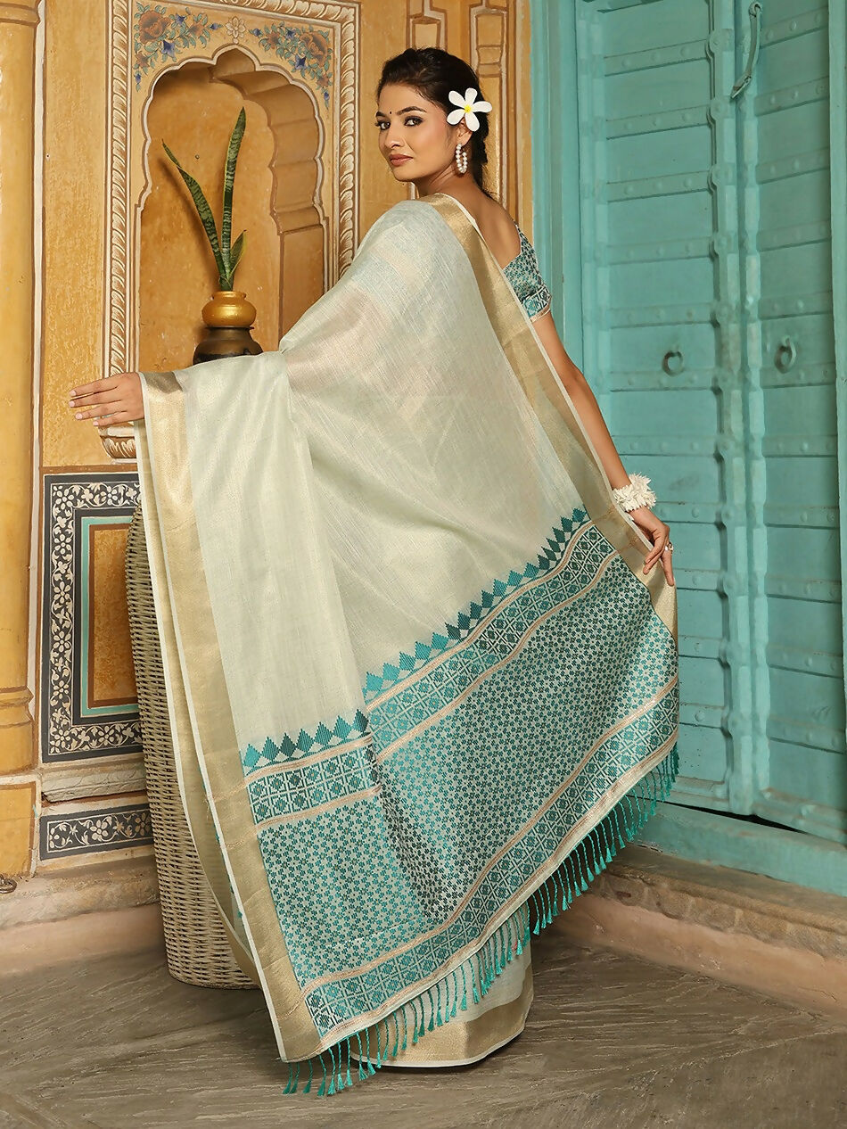 Shree Shyam Fashion Rama Green Linen Saree | Grocsy