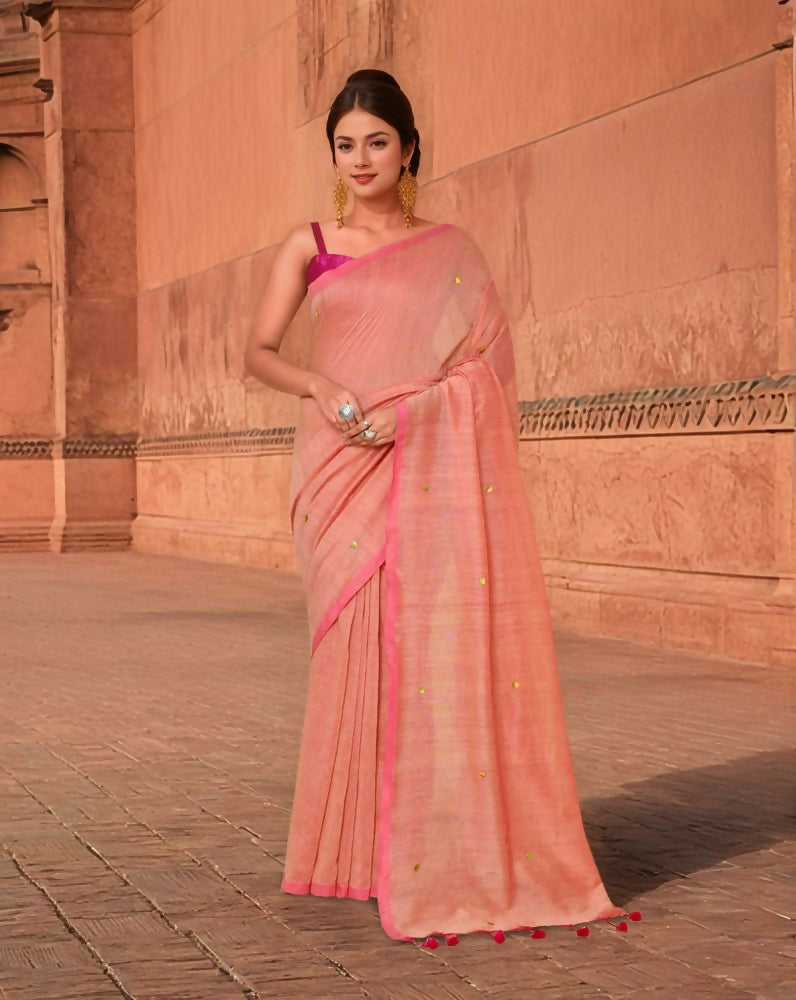 Joban Fashion Women Peach Trendy Cotton Saree | Grocsy
