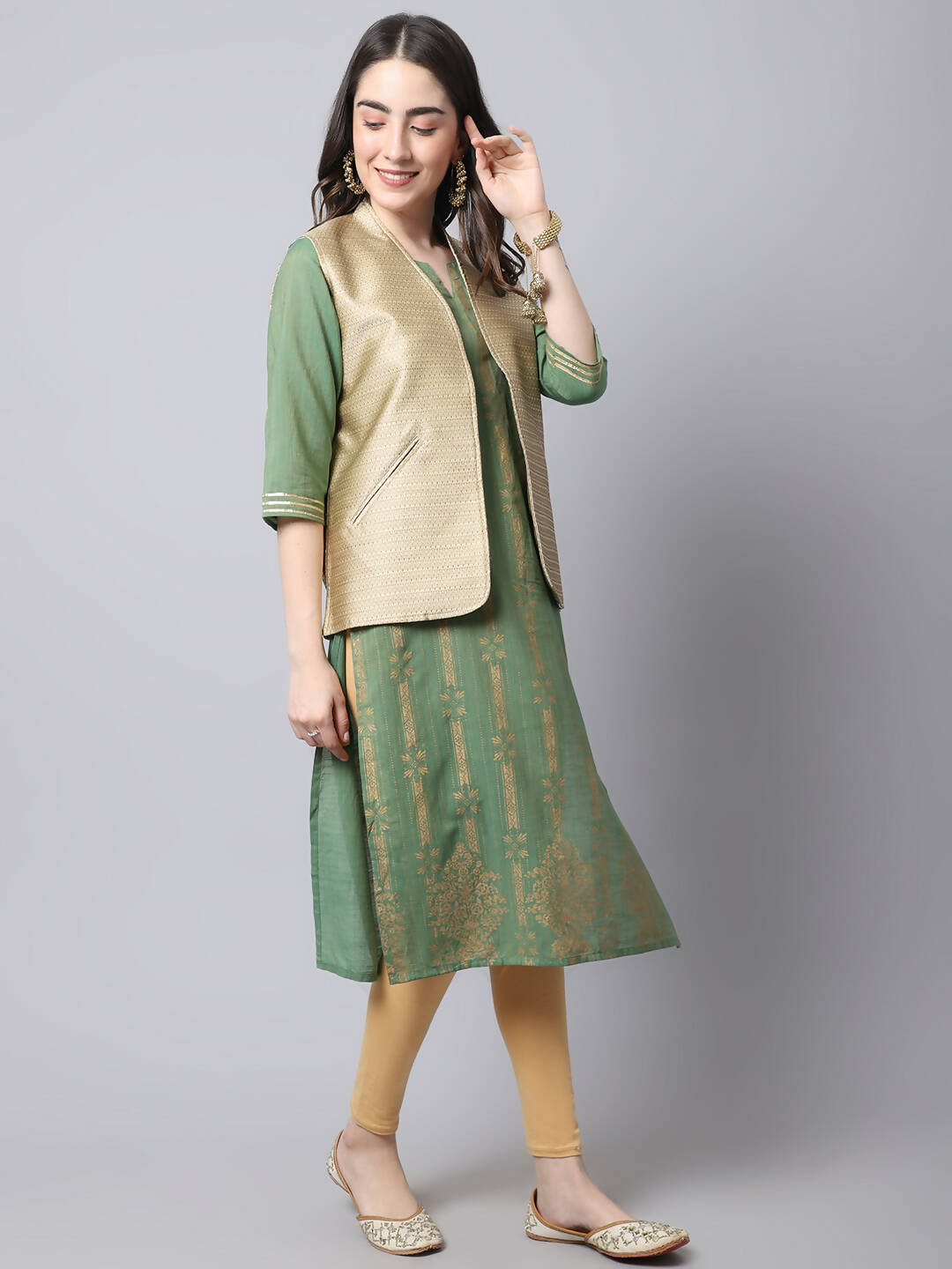 Even Apparels Beige Bansari Silk Open Front Gillet | Grocsy