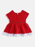Chutput Kids Woollen Hand Knitted Short Sleeves Flower Detail Dress For Baby Girls - Red | Grocsy