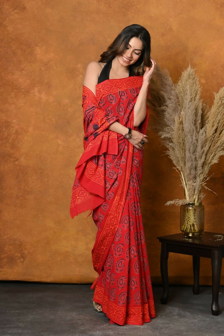 Very Much Indian Handblock Printed Cotton Saree With Natural Dyes - Red | Grocsy