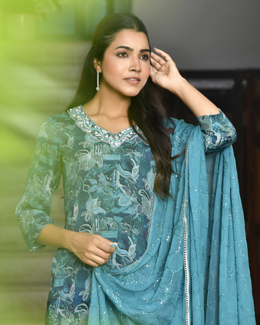 Vaasva Women's Teal Crepe Embroidered Suit Set | Grocsy