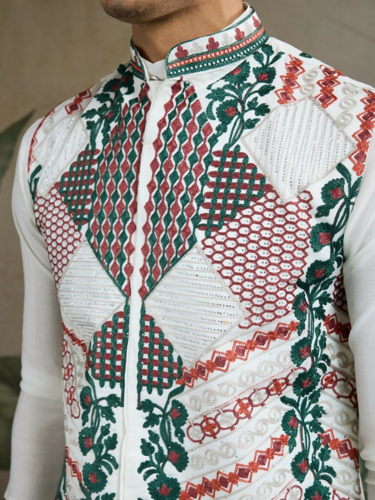 Vastranavya White Exclusive Festival Viscose Silk Thread & Swarovski Embroidered Work Mens Wear Kurta & Koti | Grocsy