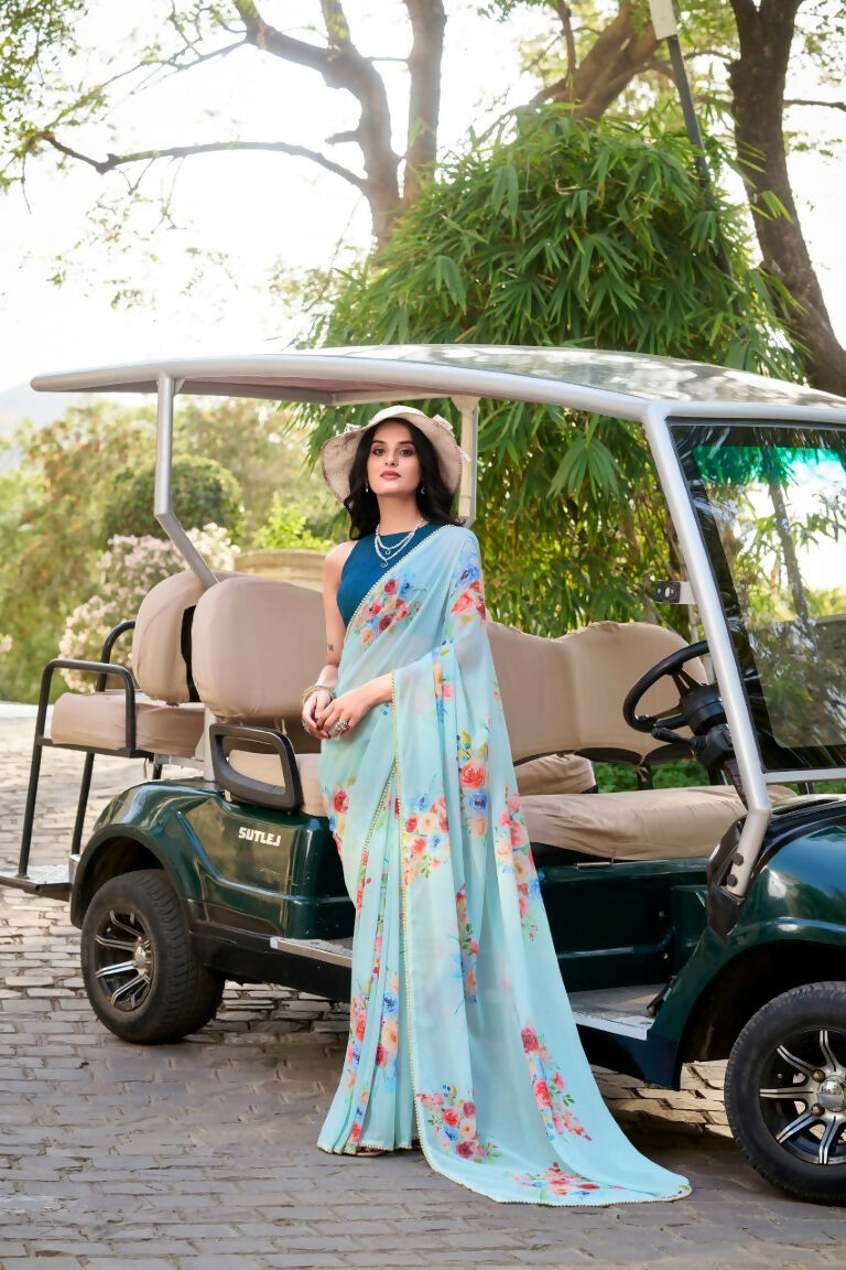 Vastranavya Sea Blue Weightless Marble Printed & Pearl Lace Border Saree with Unstitched Blouse | Grocsy