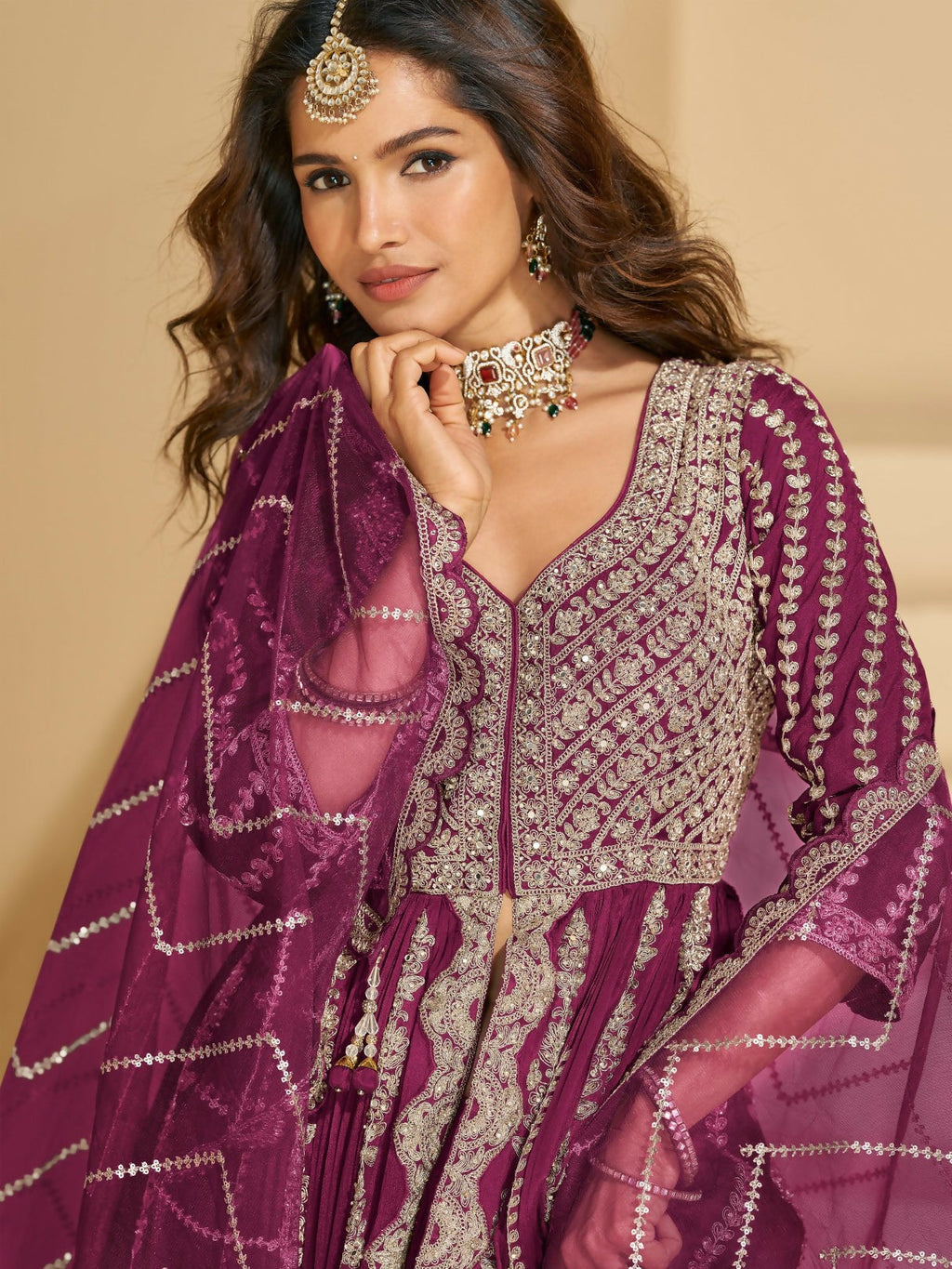 Anaita Maroon Chinon Readymade Anarkali Lehenga with Heavy Embroidery Work | Grocsy