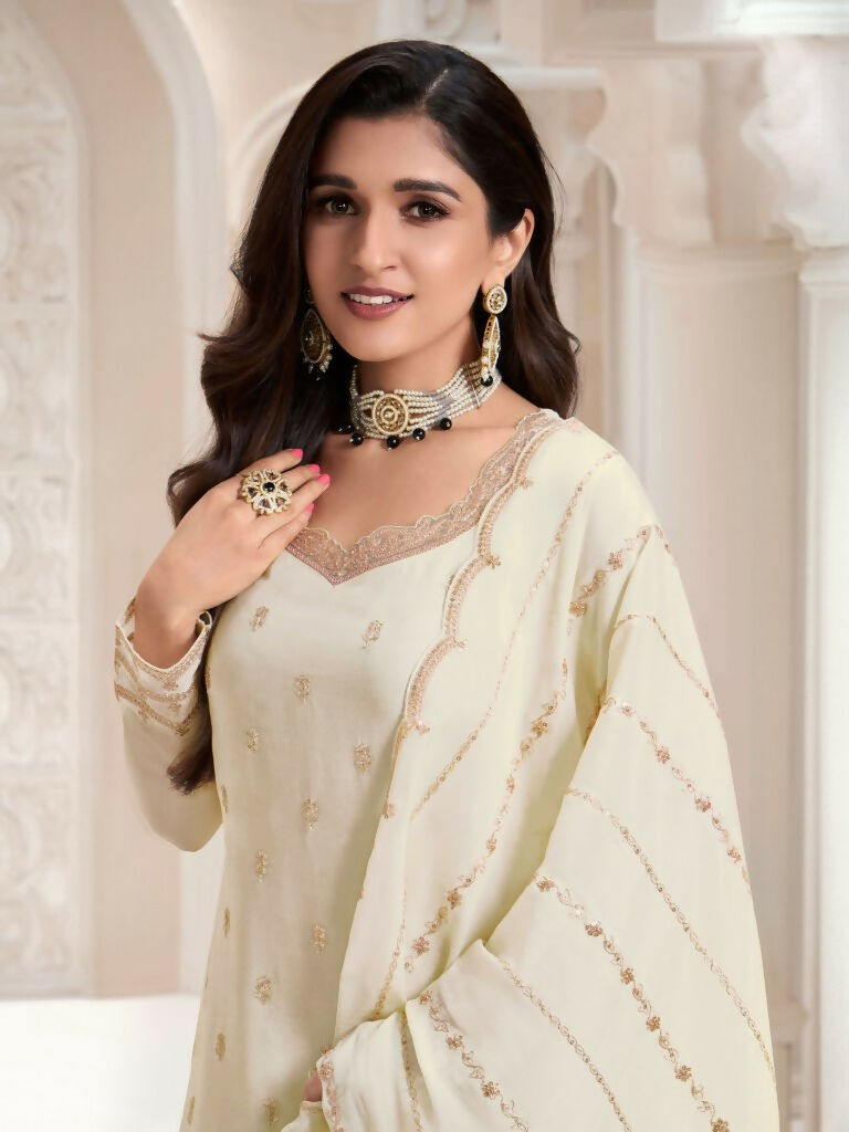 Vastranavya Exquisite Off White Heavy Chinon with Embroidered & Sequins Work Salwar Suits | Grocsy