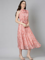 Souchii Peach Floral Chiffon Dress | Grocsy