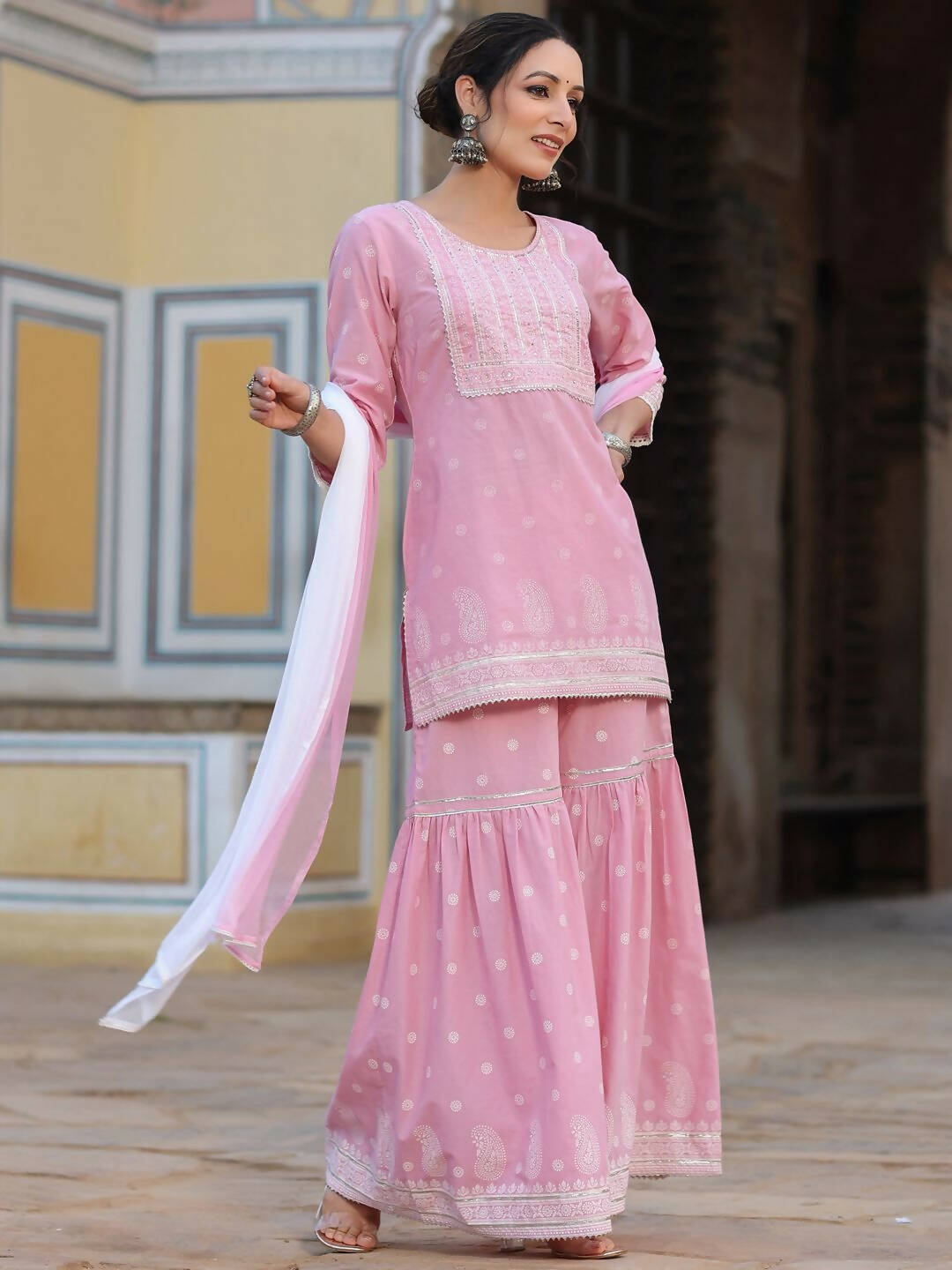 Juniper Women's Pink Cambric Floral Print Kurta Sharara Sets | Grocsy