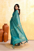 Piyari Fashion Women's Teal Embellished Cotton Blend Zari Check Handloom Saree | Grocsy
