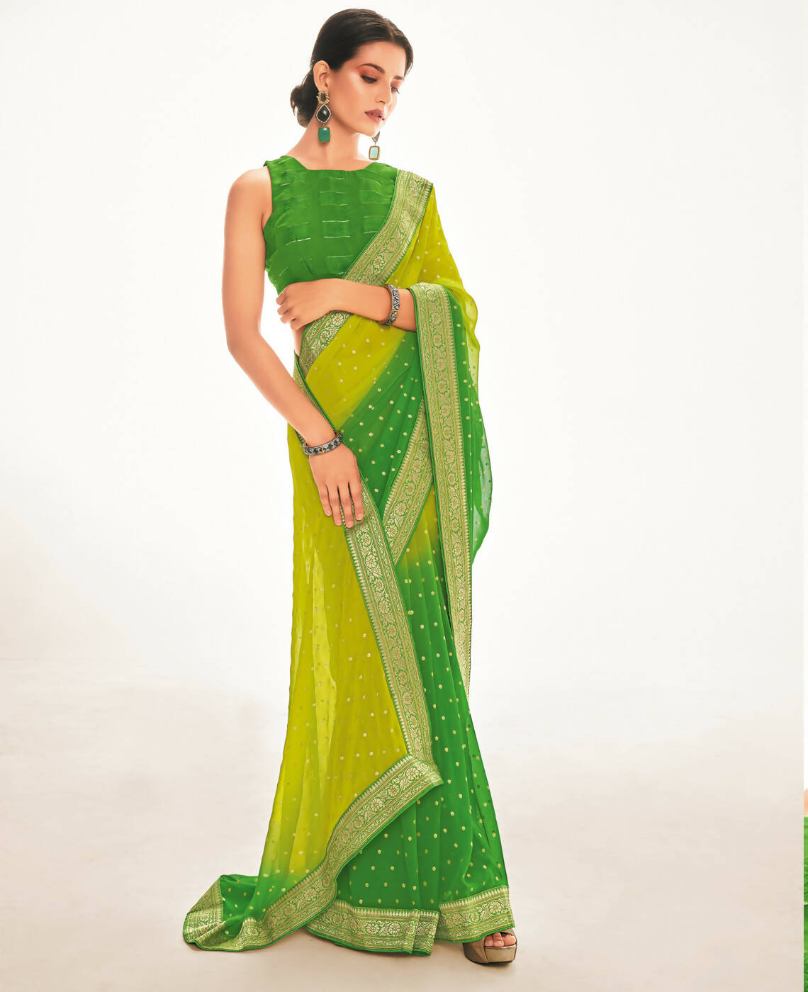 Green Georgette Foil Printed Saree With Unstitched Blouse Piece - Nitya | Grocsy