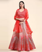Red Organza Mirror With Coding Work Lehenga Choli with Dupatta - Tanya | Grocsy